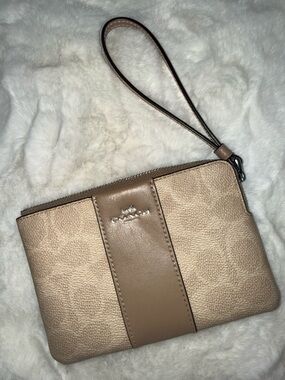 Coach Beige/Tan Signature Wristlet with Leather Trim